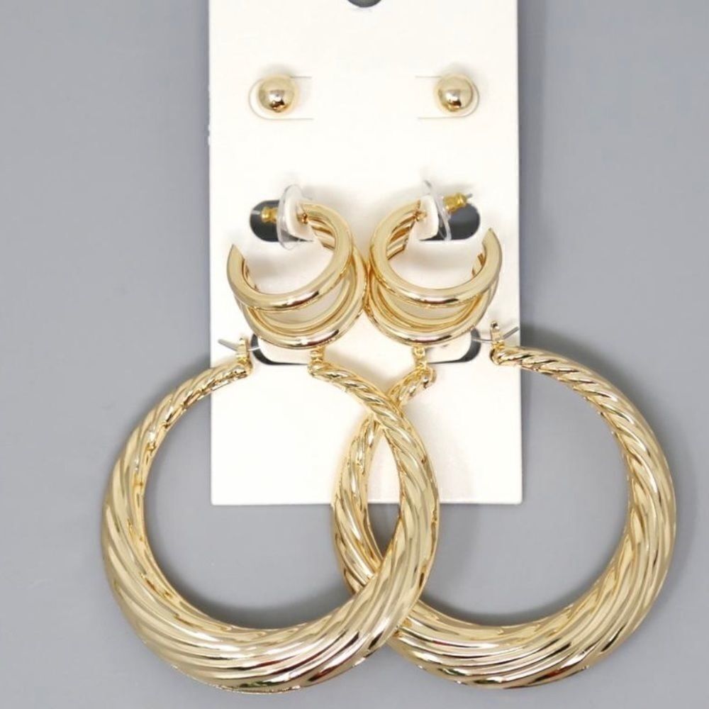 Gold Assorted Hoop And Stud Earring Set (3 pairs)